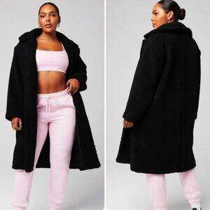 Fabletics Black Teddy Sherpa Long Jacket Trench Coat SZ XL Khloe Kardashian NWT